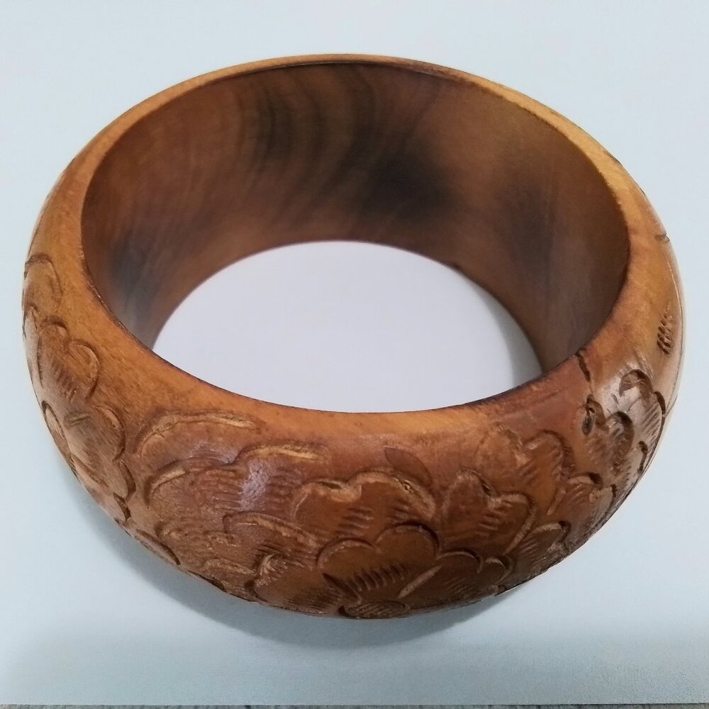 Vintage Hand Carved Wooden Bangle Bracelet Chunky Floral Statement